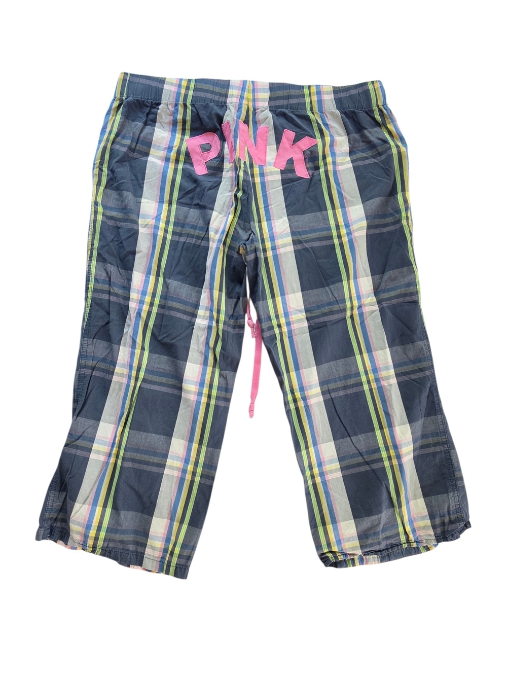 Y2k PINK Victoria's Secret Navy Plaid Capri Pajama Pants with Pink Logo